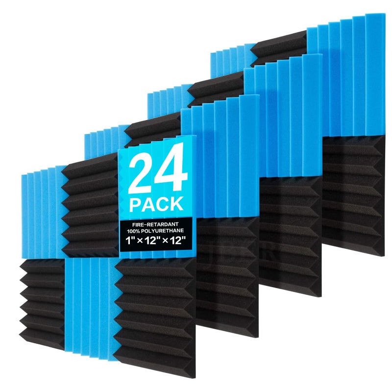 JBER 24 Pack Blue and Charcoal Acoustic Panels Studio Foam Wedges Fireproof Soundproof Padding Black Wall Panels 2" X 12" X 12" - Image 1